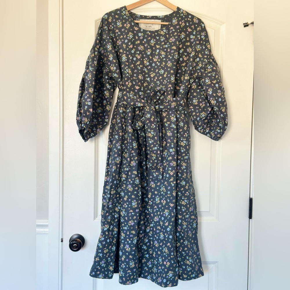 NEW notPERFECTLINEN Montmartre Navy Floral Maxi Dress with Puff Sleeves